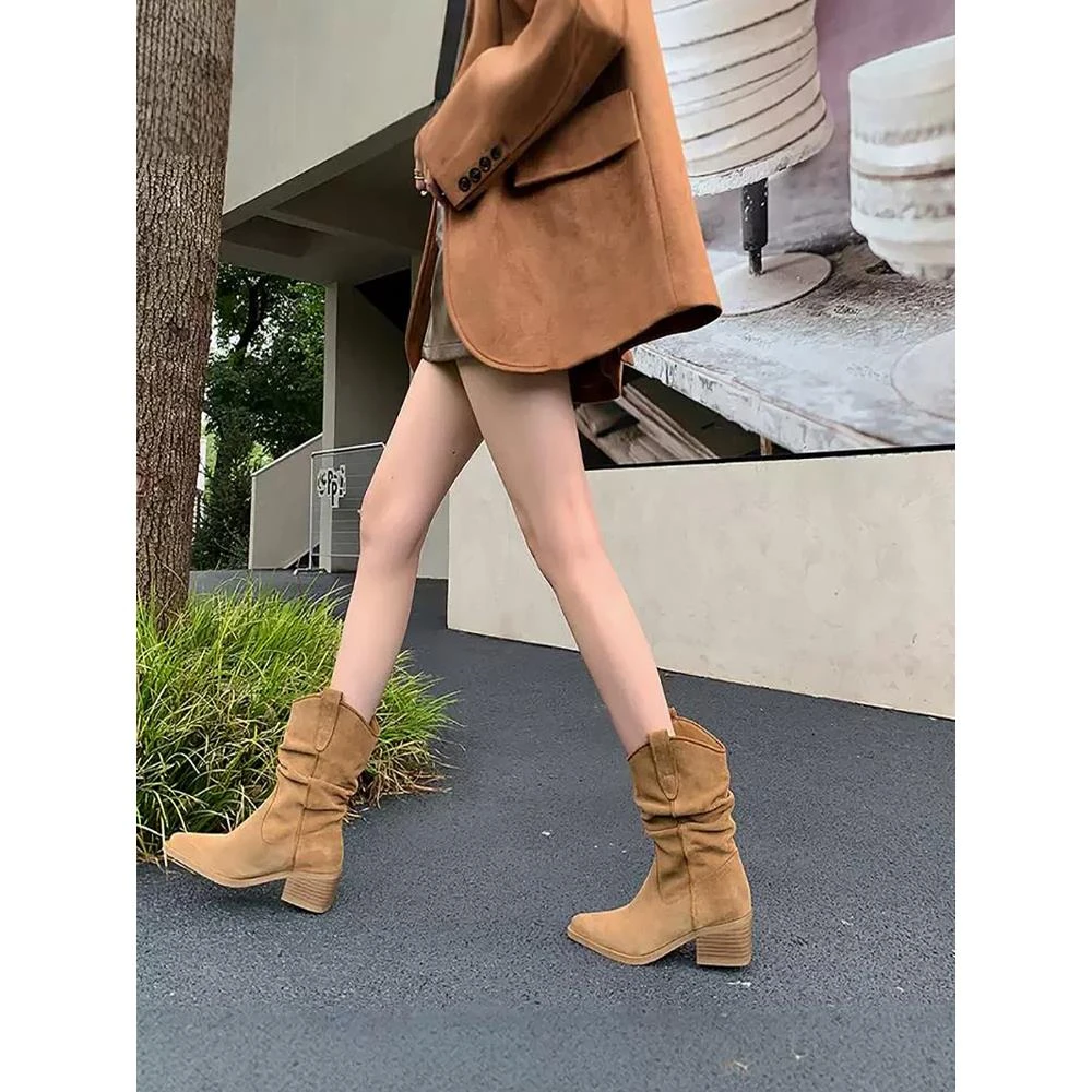 赵露思同款靴子女春夏新款尖头褶皱堆堆短靴真皮覆古西部牛仔靴女