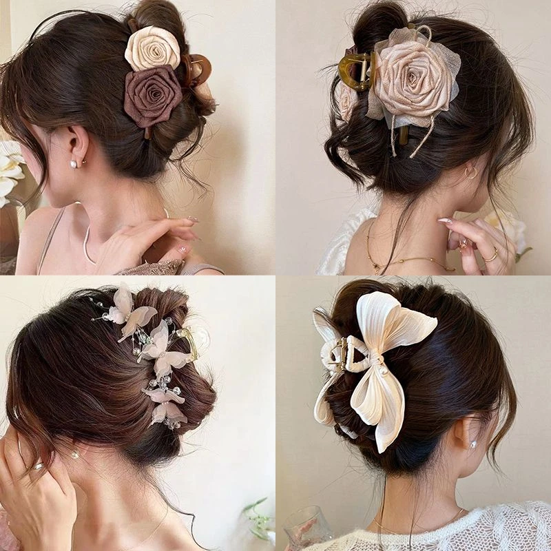 法式干枯玫瑰花朵大号新款发夹女后脑勺上班族鲨鱼夹抓夹发饰森系