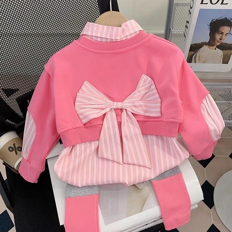 女童2024新款秋季衬衫宝宝卫衣洋气假俩件打底裤套装时尚潮流