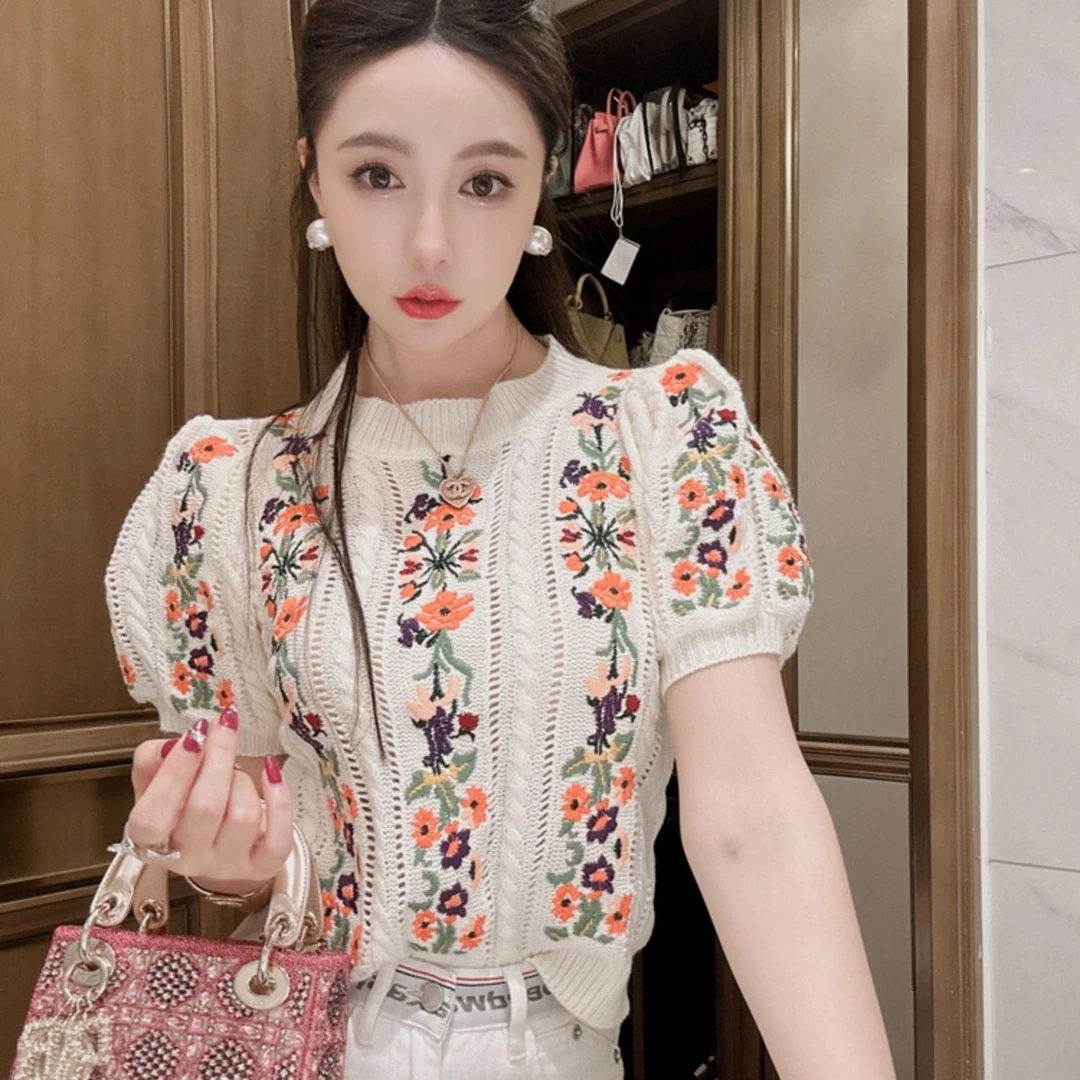 气质小香风花朵刺绣螺纹针织衫短袖夏季新款森系甜美高档洋气上衣