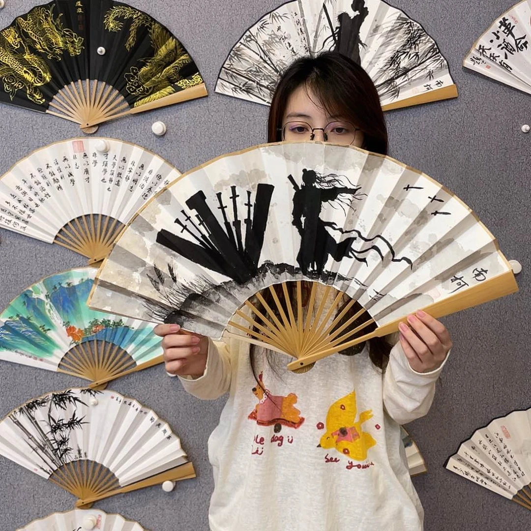 书法10寸玉竹-纯手绘-文玩扇骨（默认粘好）