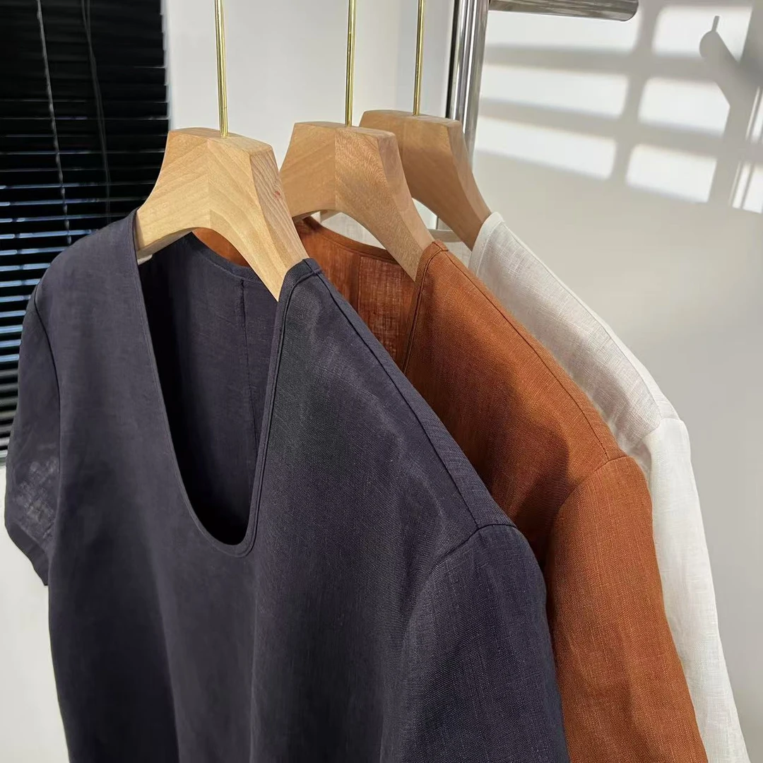 【老头女装定制】 亚麻U领百搭简约短袖T恤 X-25076