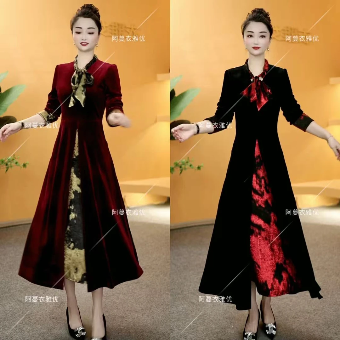 【衣雅严选】8089-2299#新款重磅植绒幻彩琉璃时尚款假两件连衣裙