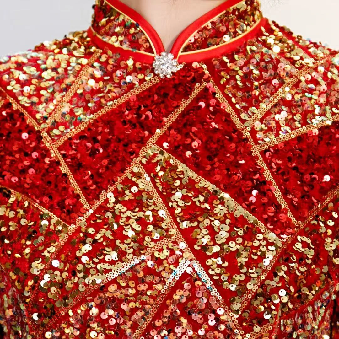 小米旗袍秋款长款重工刺绣亮片旗袍