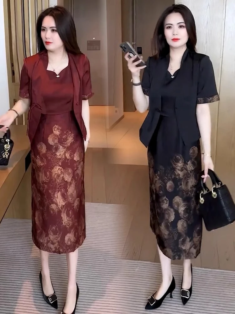 时尚套装女2025夏季新款气质修身显瘦七分袖外套印花连衣裙两件套