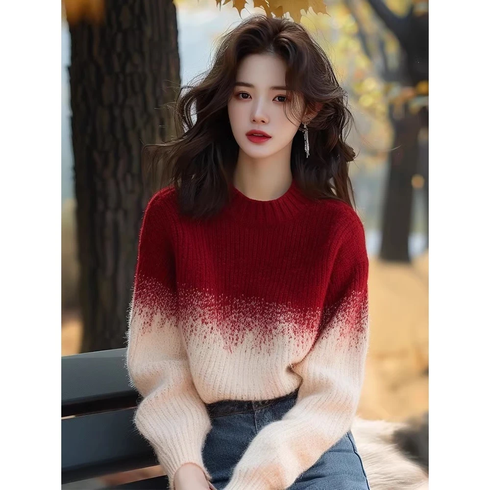 安可拉红杏色渐变圆领毛衣女款2024新款冬季针织衫独特超好看上衣