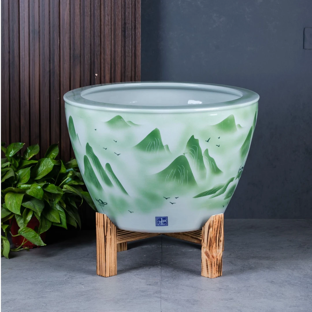 景德镇陶瓷鱼缸门海 平口雕刻绿山水