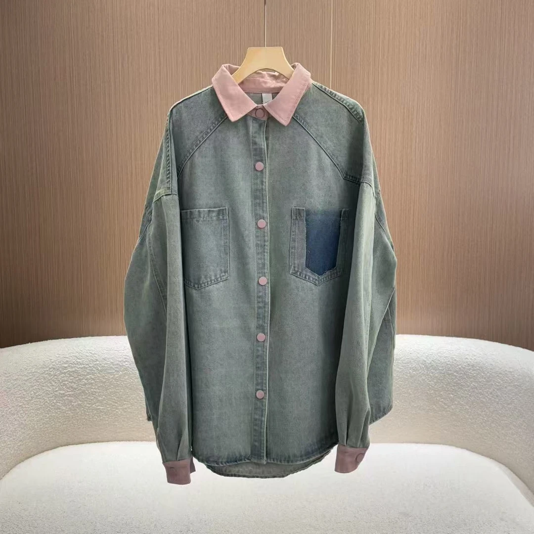 【蓝粉笔】春季韩版设计感慵懒风做旧撞色牛仔衬衫外套