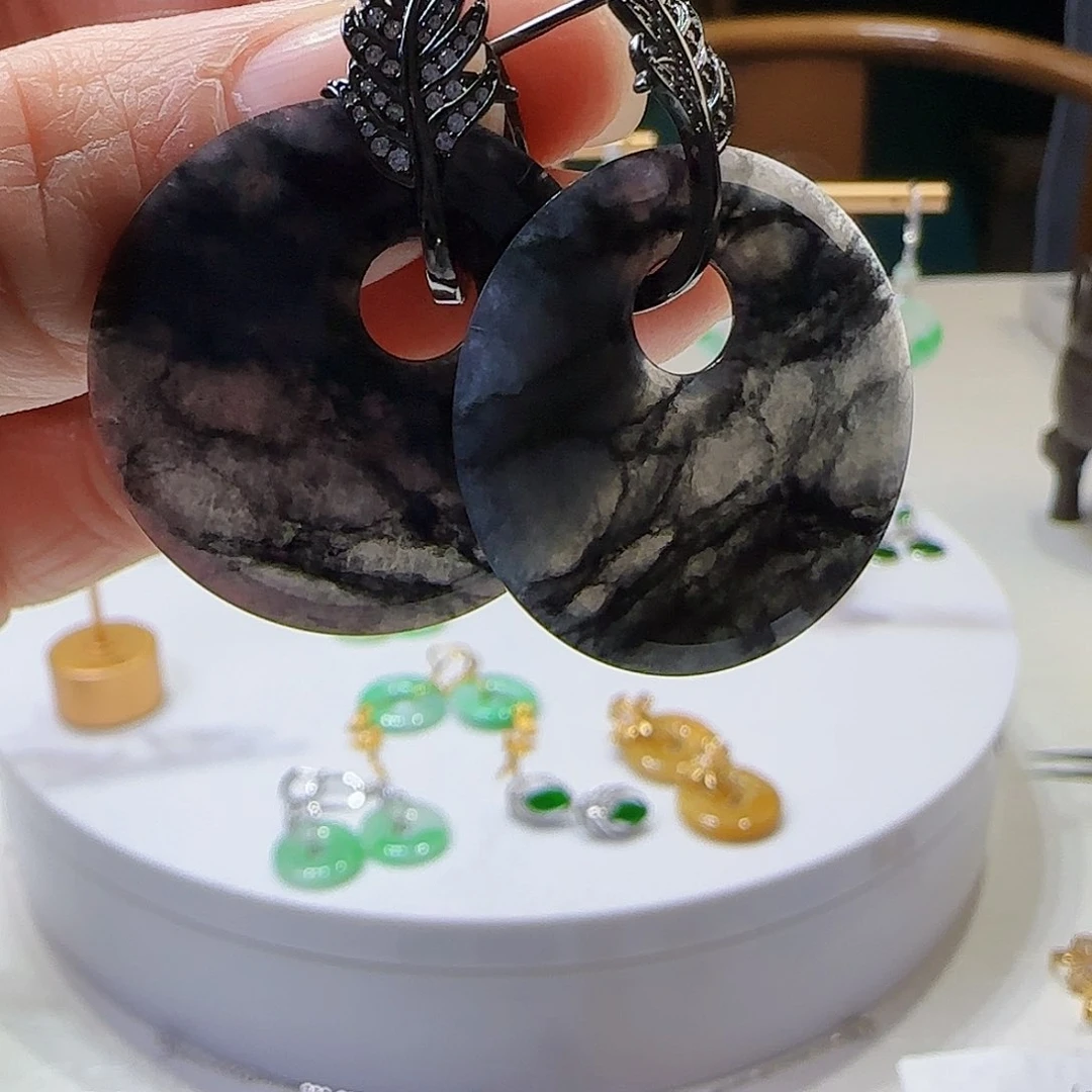 翡翠耳饰银S925镶嵌天然缅甸a货翡翠