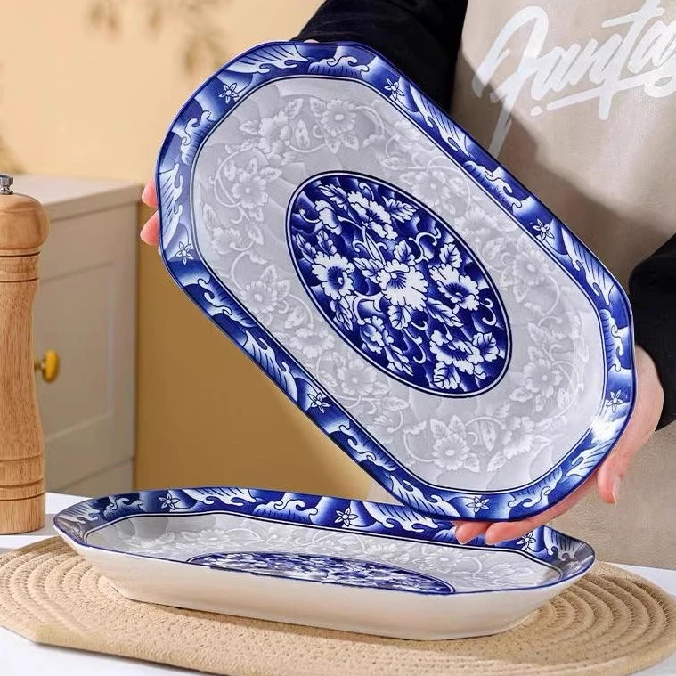 青花瓷鱼盘单个中式组合可蒸烤长方形鱼子盘酒店大号碟子陶瓷家用