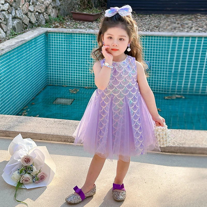 女童亮片挂脖纱裙2025夏款女孩公主裙美人鱼尾无袖礼服生日连衣裙
