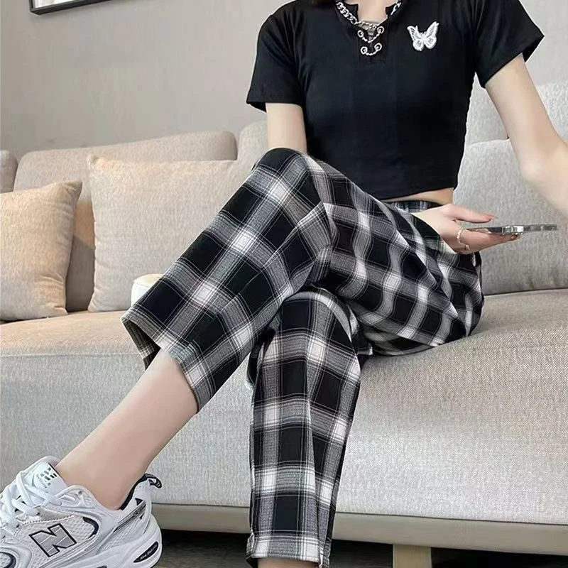 黑白格九分裤子女夏季薄款高腰垂感宽松直筒显瘦冰丝阔腿休闲裤