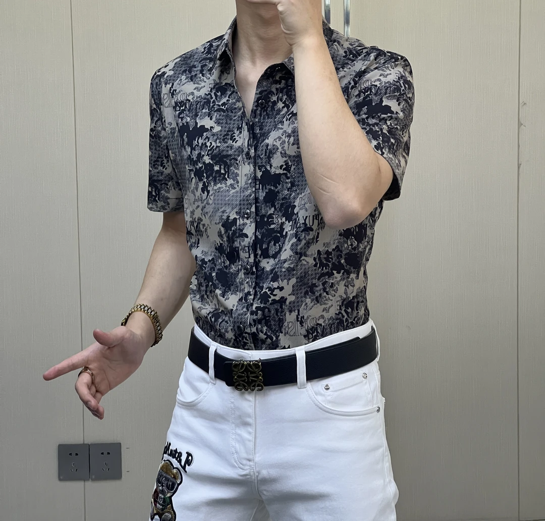 男士商务休闲短袖衬衫时尚印花修身潮流碎花衬衣薄款