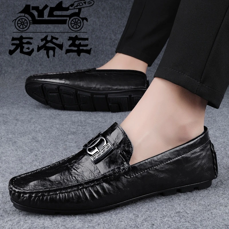 意大利老爷车品牌秋冬款男士商务真皮皮鞋时尚潮流韩版豆豆鞋皮鞋