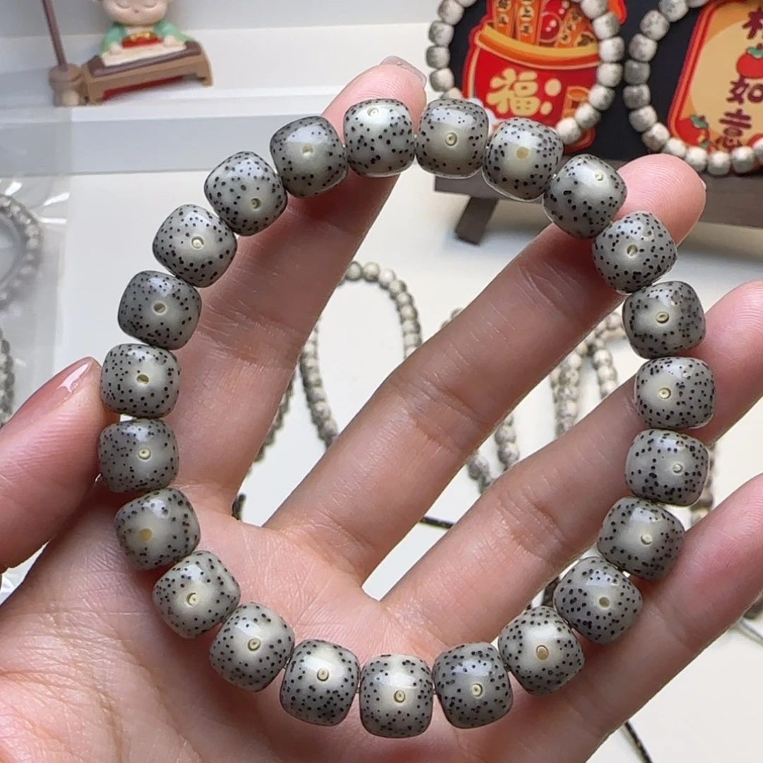 星月菩提手串石玉黑灰冰侧留白10×9