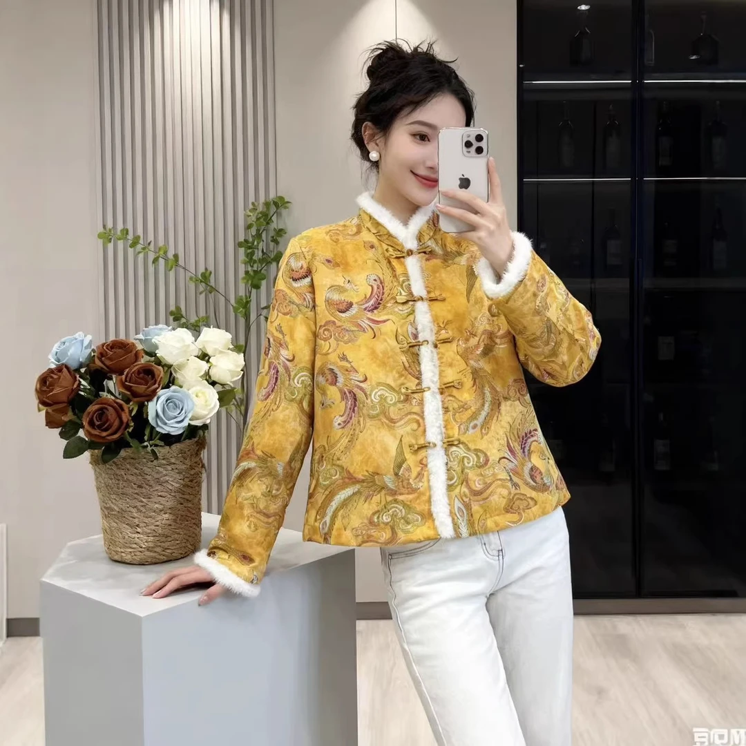 双面双穿2026冬季新款轻奢新中式国风复古香云纱凤凰拼毛毛外套