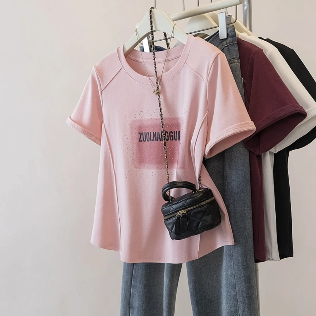 【8640】大码女装胖mm鱼骨遮肉宽松短袖印花T恤夏季圆领休闲风上衣