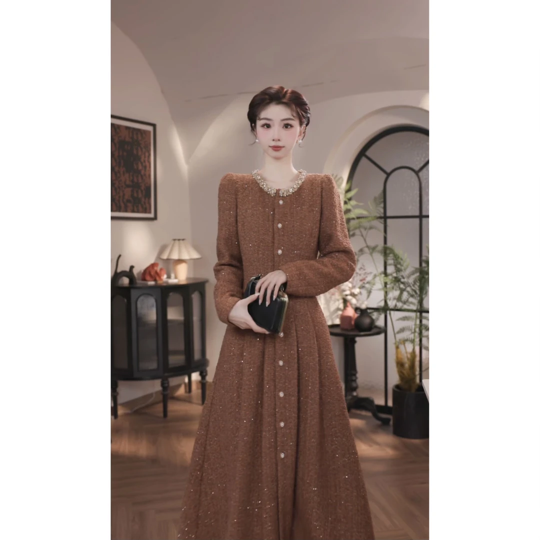 薇宝儿-婷婷【金韵山茶】冬季新款轻奢收腰显瘦小香连衣裙-59153K