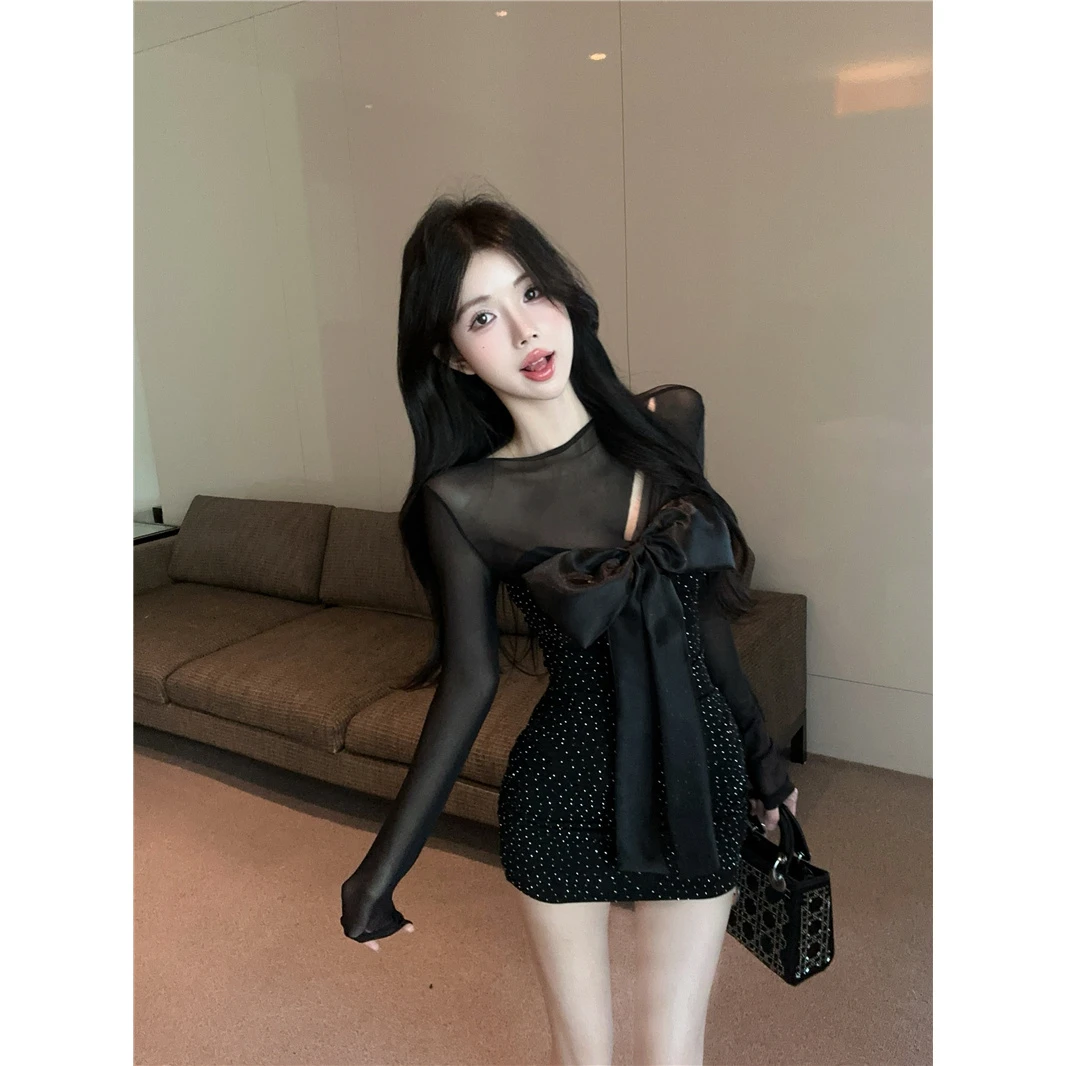 甜辣网纱拼接烫钻长袖连衣裙女时尚气质蝴蝶结绝美修身包臀短裙子