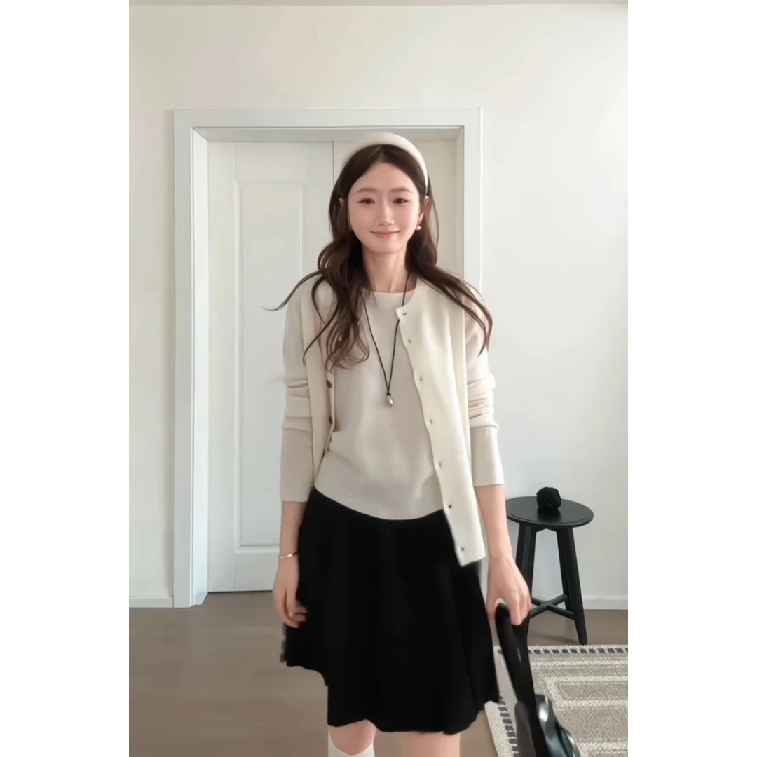 MARIE.COCO早秋温柔风通勤穿搭针织开衫内搭背心女黑色半身裙套装