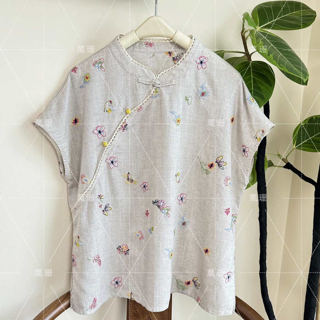 【万物生】夏季天丝亚麻重工刺绣斜襟复古中式月亮袖连衣裙 52431
