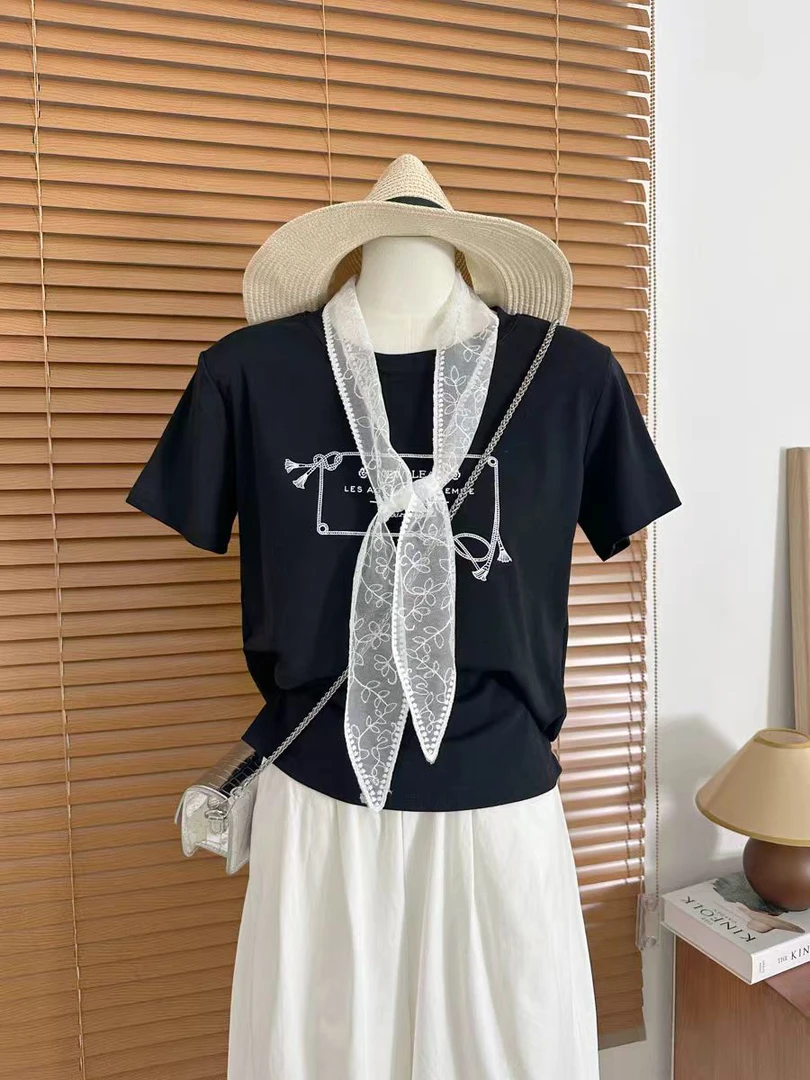 【婷姐家】6962字母印花T恤简约蕾丝减龄韩版