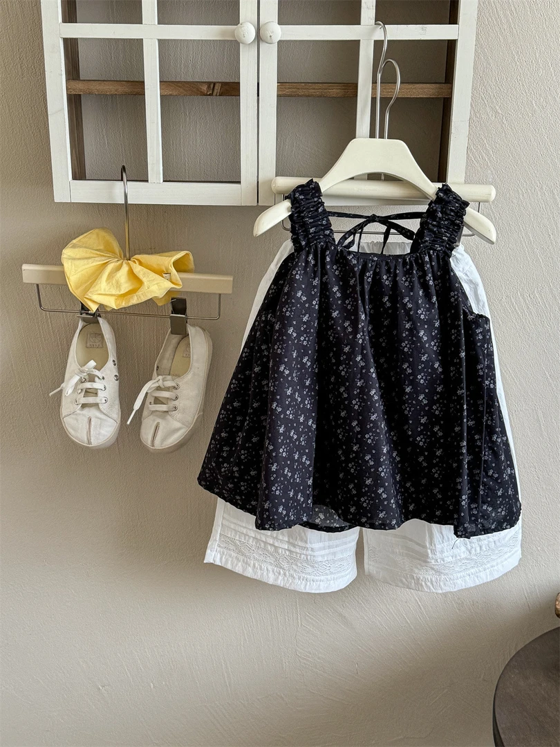 【BA黎-486】夏韩系法式吊带碎花娃娃衫&蕾丝拼接洗水棉直筒裤