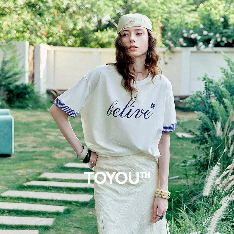 【初语】格纹拼接短袖T恤女25夏新字母印花莱赛尔棉质上衣 8521132