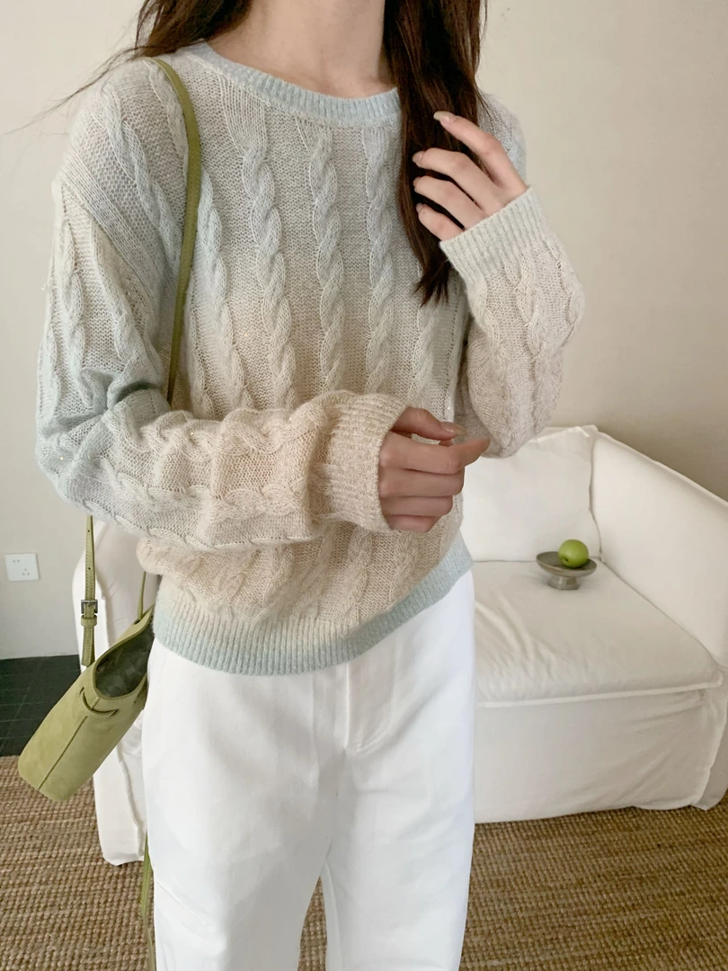 【潘潘.838852】羊驼绒珠片秋冬新款圆领长袖韩系慵懒风针织毛衣