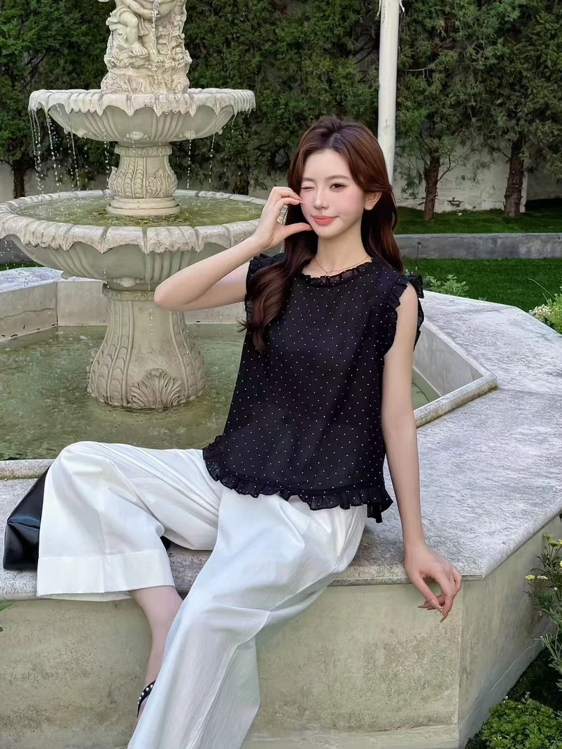 唐蜜家 木耳边波点小衫