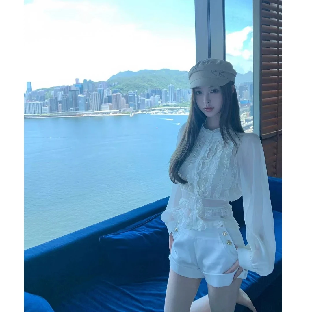 2025夏季新款【日光柔纱】手缝花边法式宫廷风雪纺衬衫高腰短裤套装