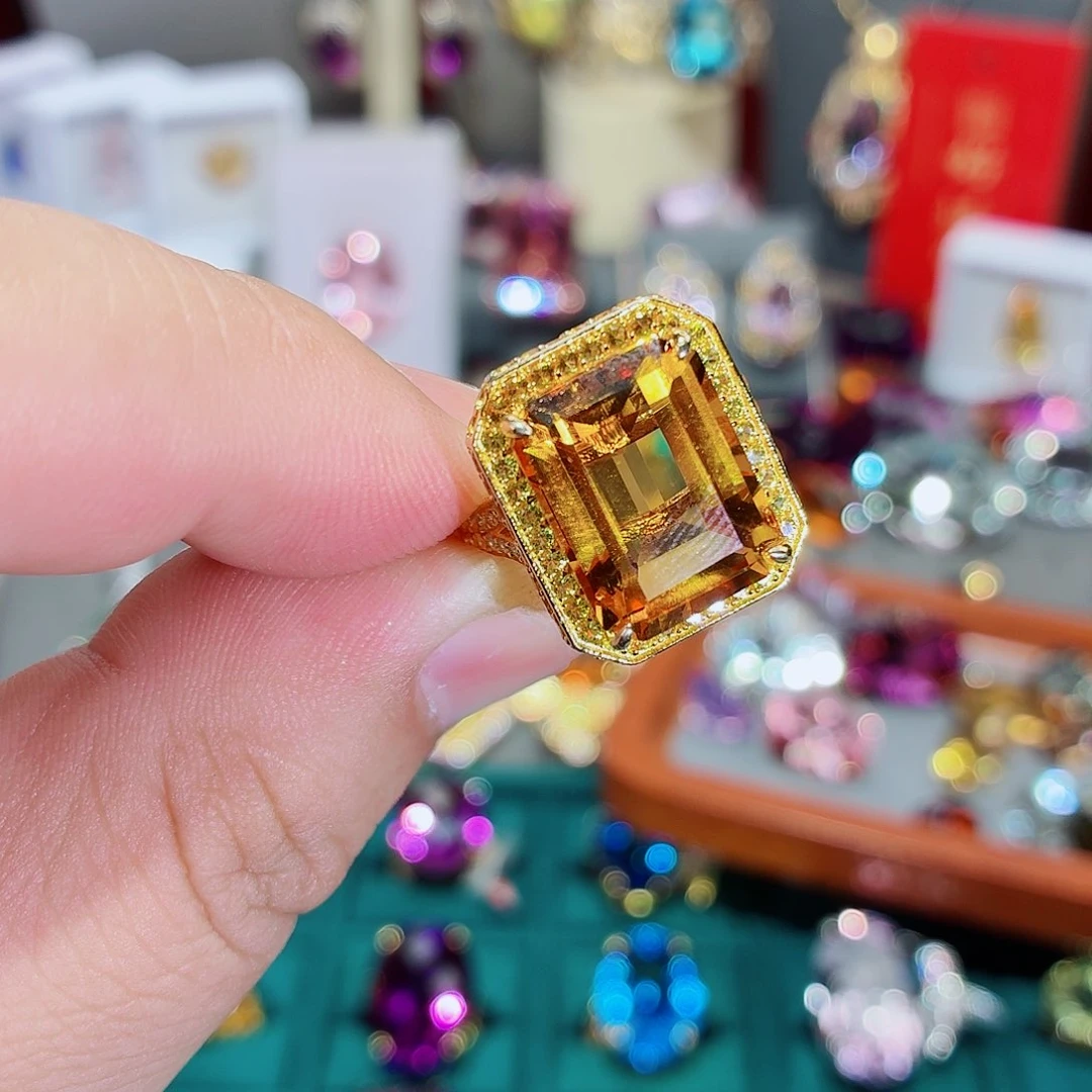 黄晶珠宝半成品银S925镶嵌戒指
