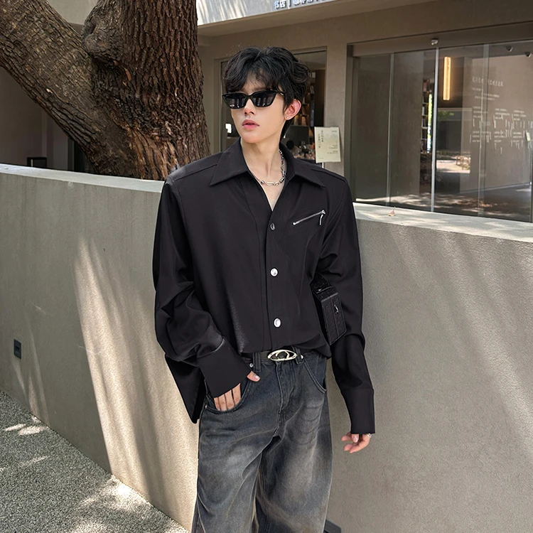 美式高街痞帅垫肩长袖衬衫男春秋潮牌青少年宽松休闲翻领衬衣外套