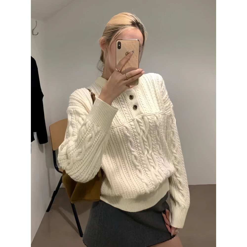 麻花套头毛衣女秋冬小个子韩系宽松外穿慵懒高级感长袖针织衫上衣