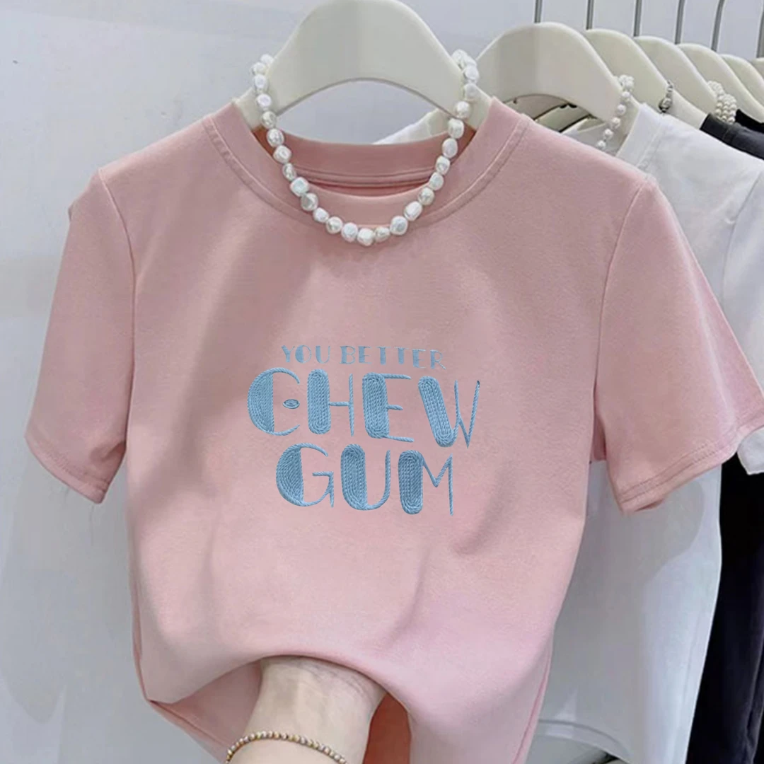 2025新款圆领蓝色字母EHEW印花纯棉短袖小个子女修身显瘦百搭上衣