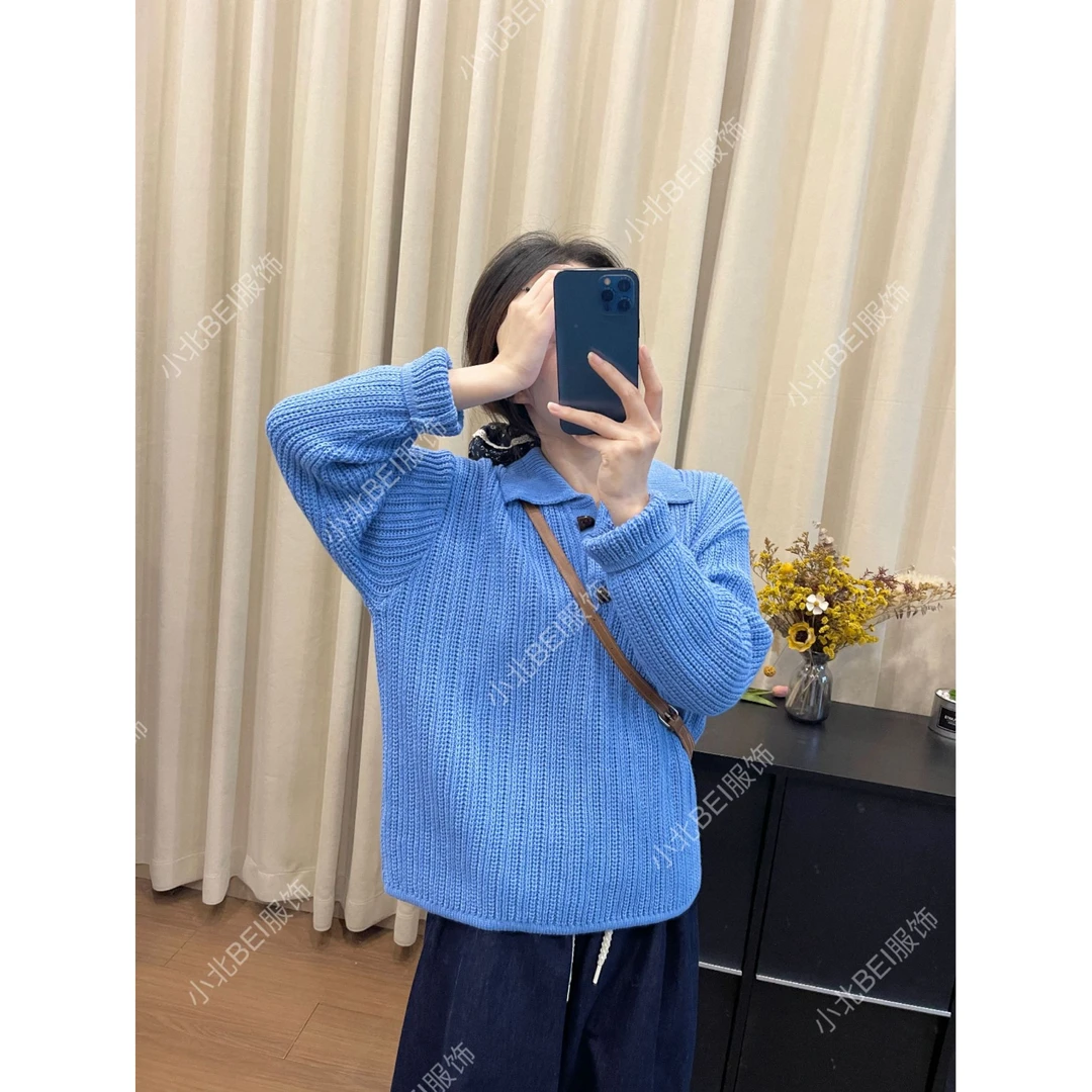 100%纯棉翻领针织衫女2025早秋坑条纹显瘦百搭上衣