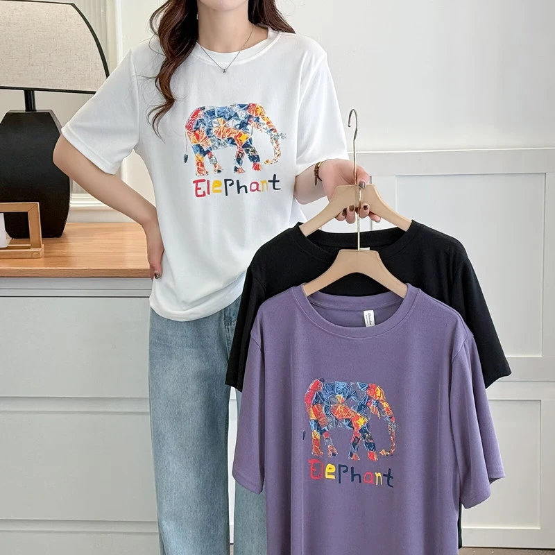 大码女装印花圆领短袖T恤胖mm夏季显瘦遮肉休闲宽松百搭正肩上衣