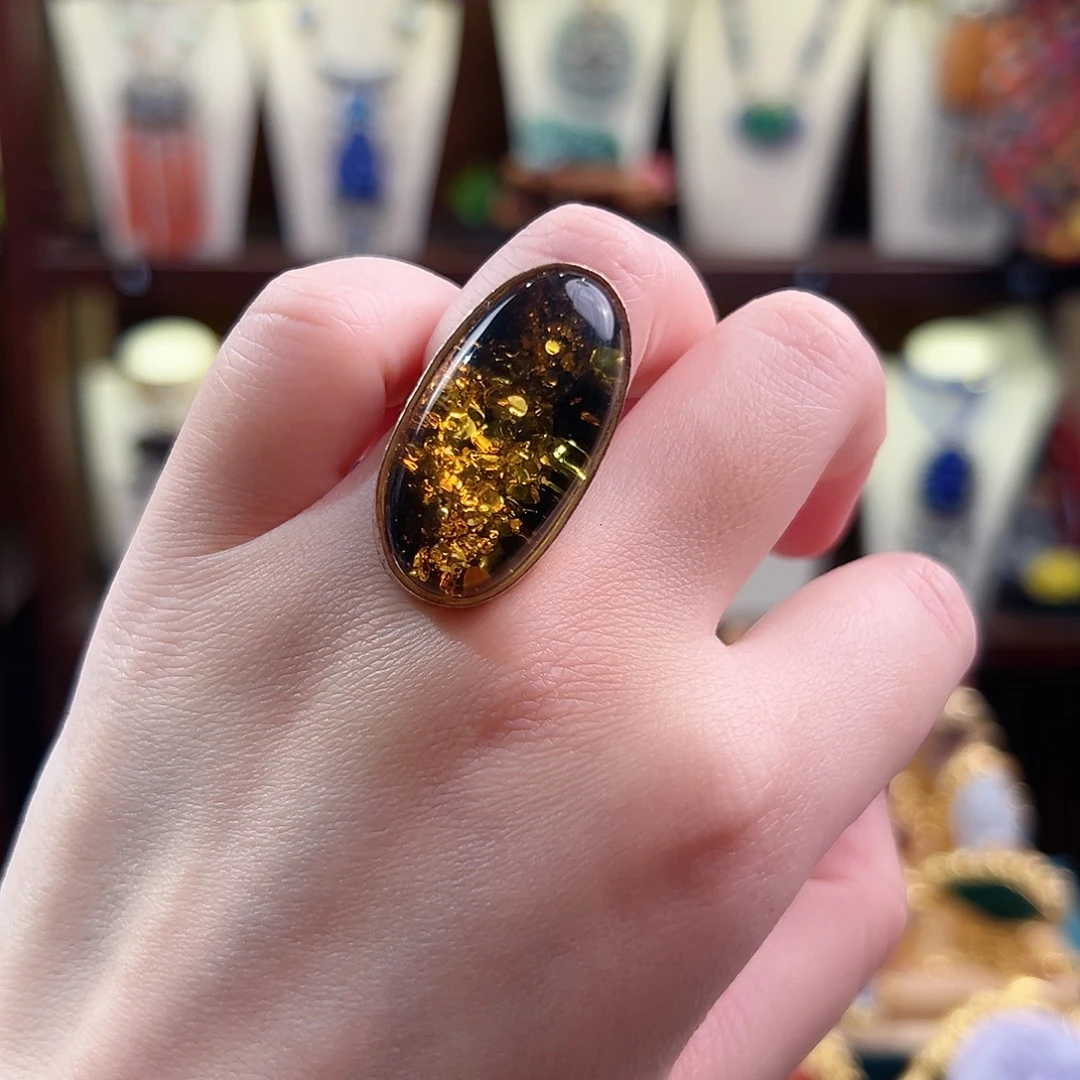 琥珀银S925镶嵌戒指，