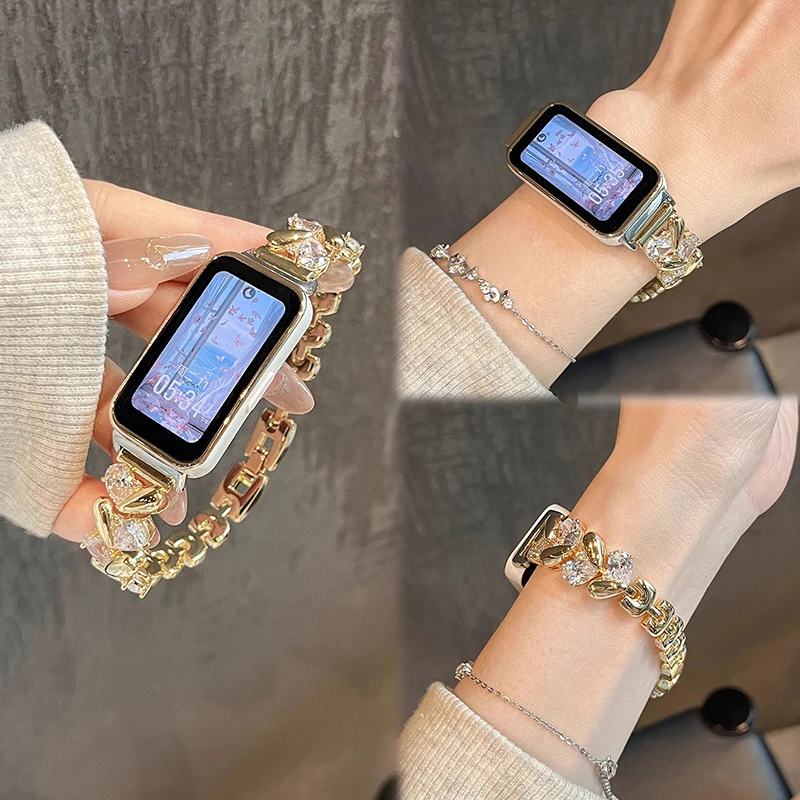 适用华为手环10表带9轻奢band8链式爱心金属女士镶钻小香风高级感