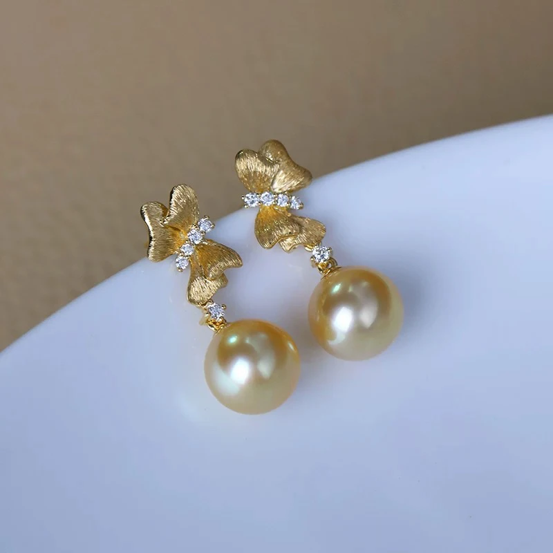 925银耳饰 布契拉提工艺高定拉丝蝴蝶南阳浓金色气质珠珠白色耳环