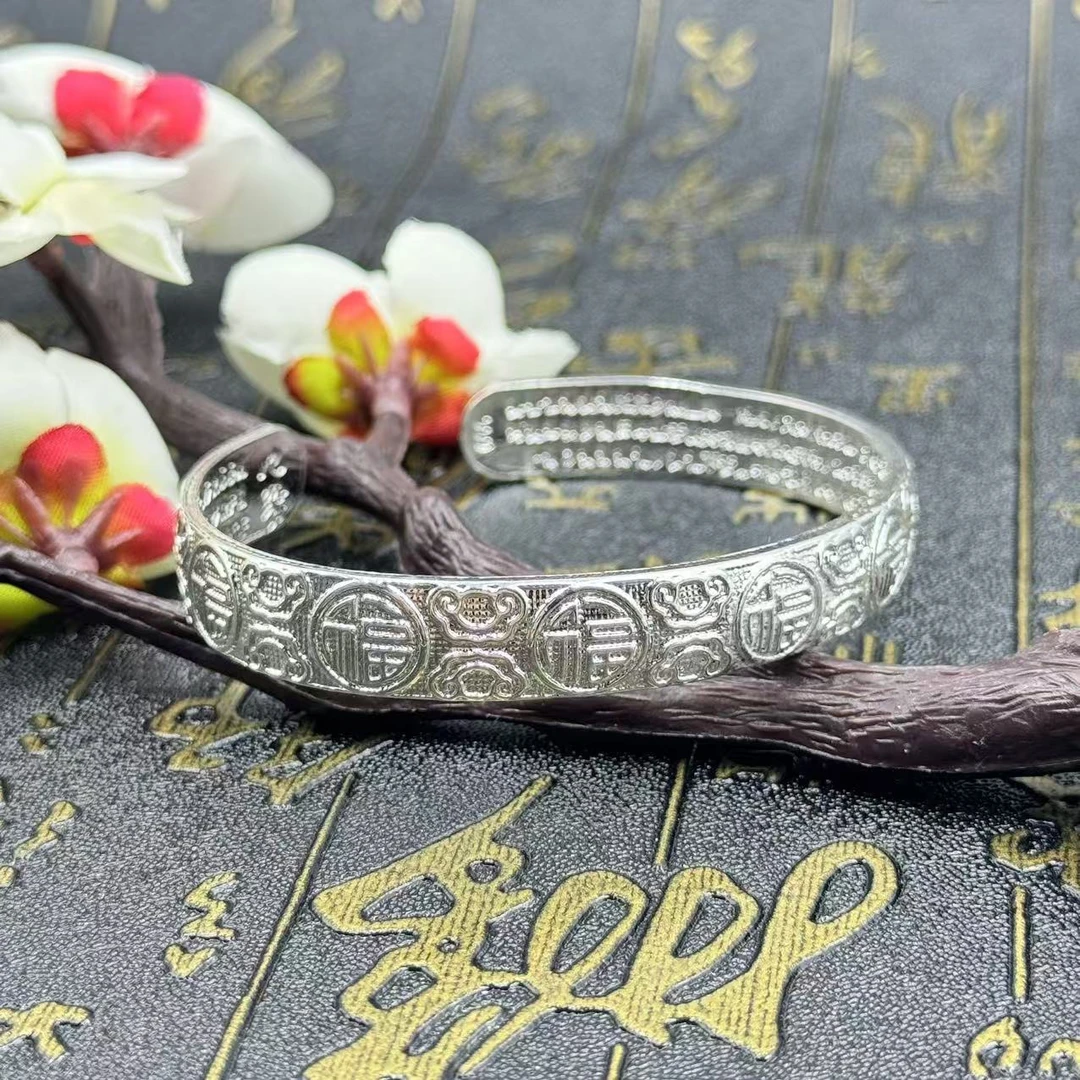 足银手镯 百福心经手镯佛经文开口手环女送长辈妈妈礼物简约