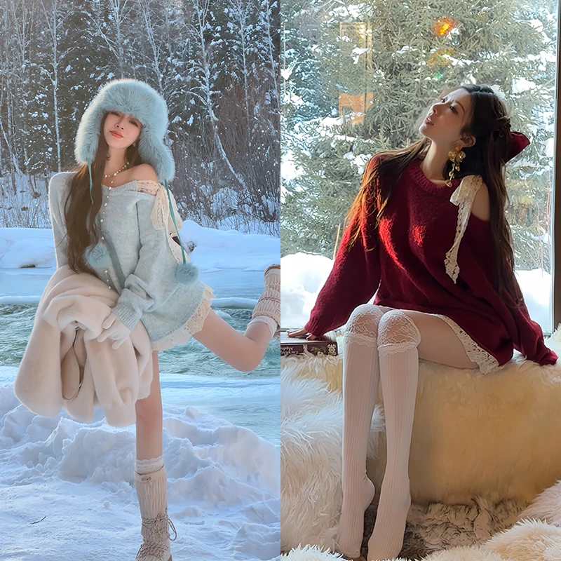 小雨姐姐【安妮尔毛衣】温柔风蕾丝带宽连衣裙松针织毛衣女