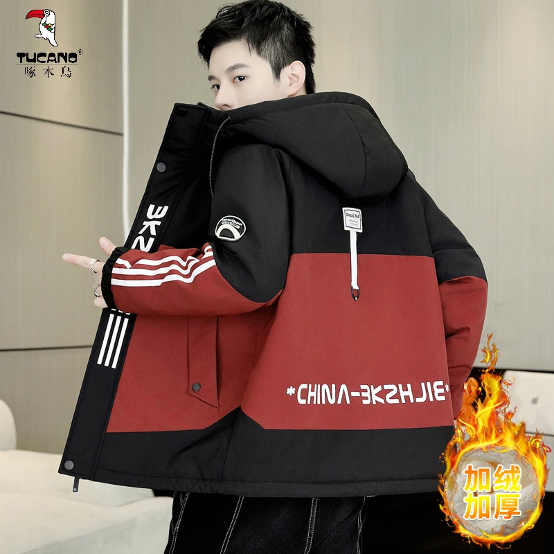 啄木鸟青少年秋冬季加绒加厚夹克男孩大童初中学生潮牌初冬棉服深