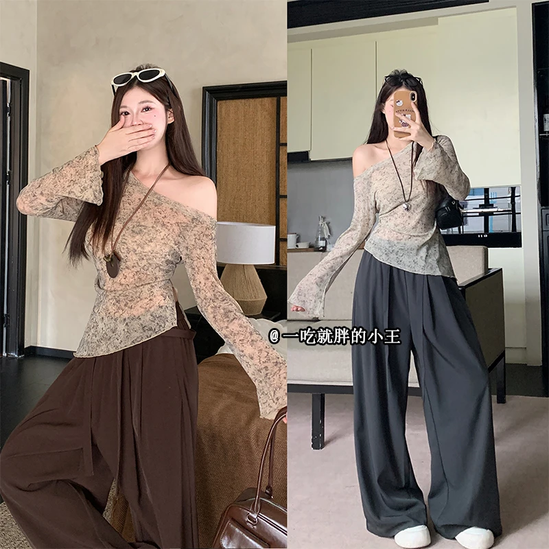 【微胖韵韵】斜肩木耳花边袖口下摆设计网纱早秋上衣T恤3722/3736