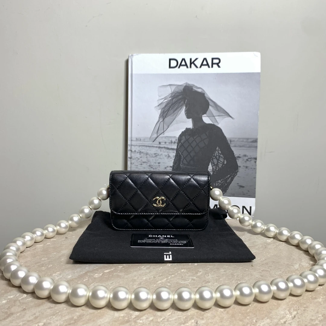 99新 Chanel/香奈儿 订壹臻/黑金大珍珠链条沙僧woc31开93487222