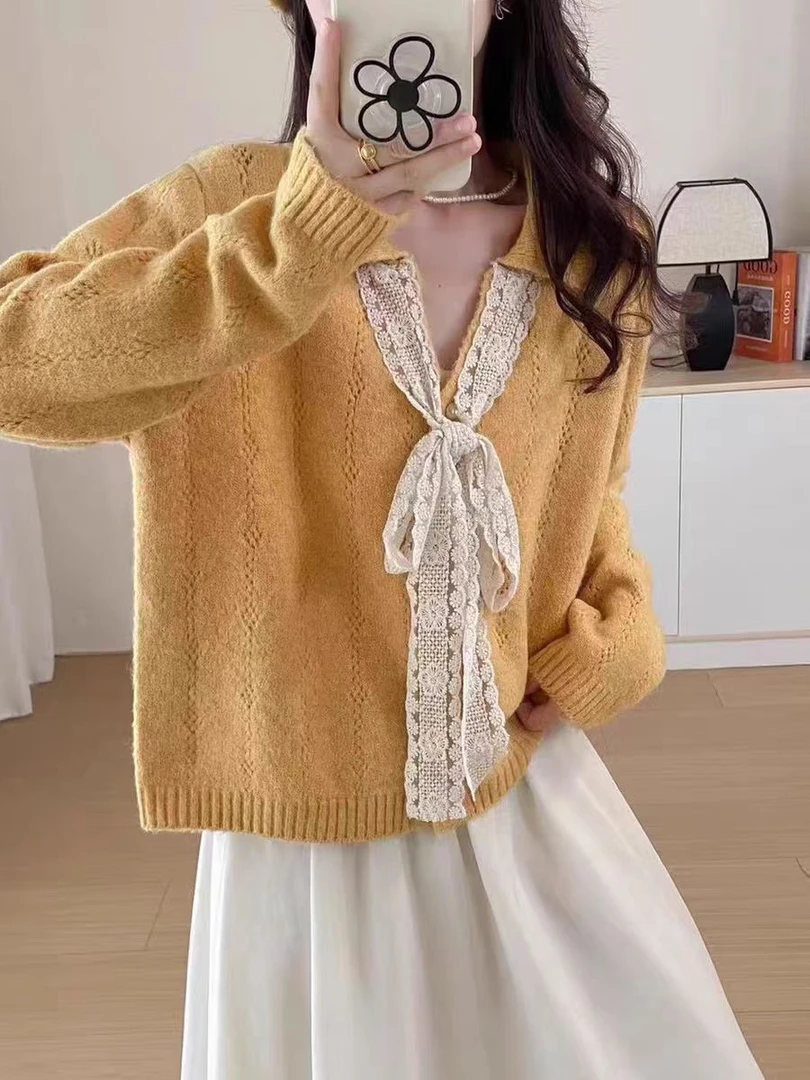胖MM系带蝴蝶结V领毛衣开衫洋气减龄秋季针织衫女H811