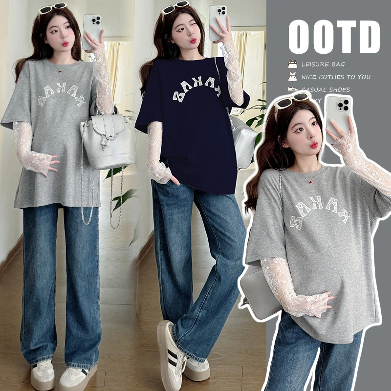 孕妇t恤春夏装新款刺绣字母宽松假两件拼接蕾丝圆领休闲长袖T恤女