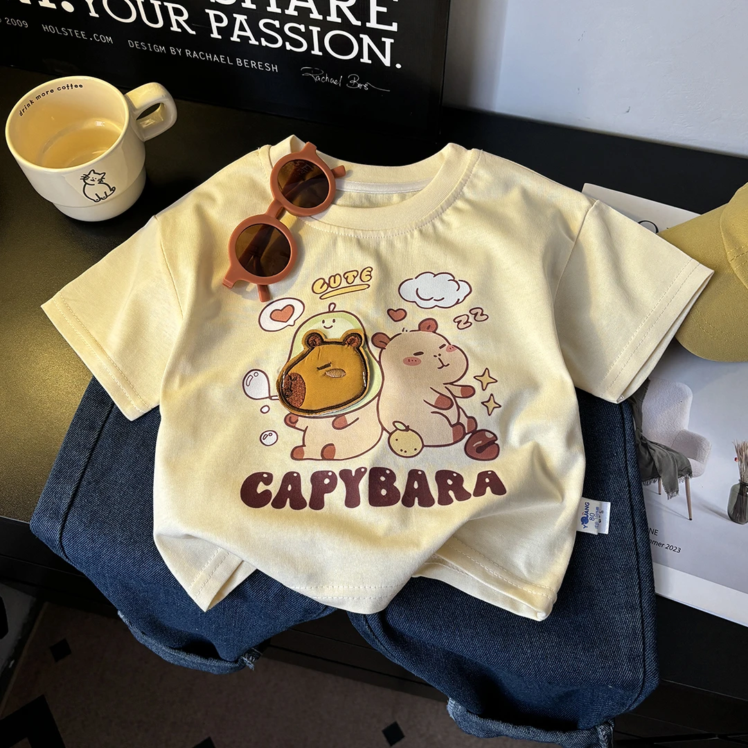 【两只水豚款】儿童短袖纯棉玩偶打底衫 男女童夏季宽松韩版T恤