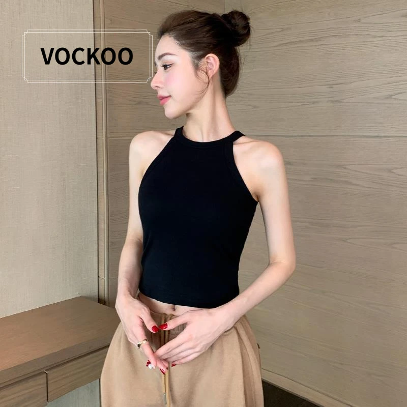 VOCKOO黑色挂脖吊带背心女带胸垫内搭夏季外穿2025新款针织美背打
