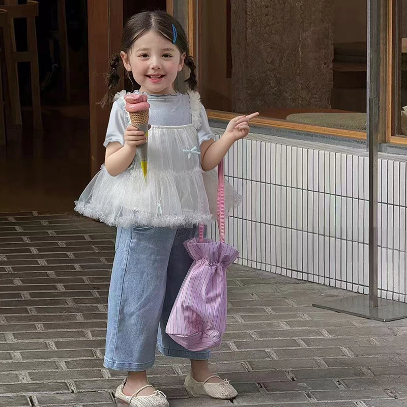 【橘子家】女童夏季打底衫吊带裙套装HS62002-1淡蓝牛仔裤HS61102-2